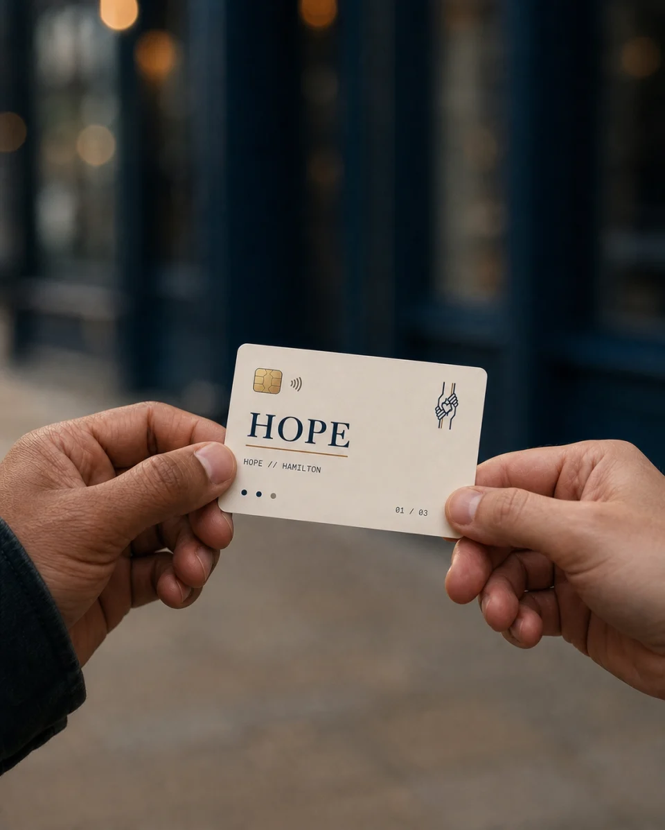 Two hands passing a functional ivory HOPE access card with a gold chip and compact linked-hands mark
